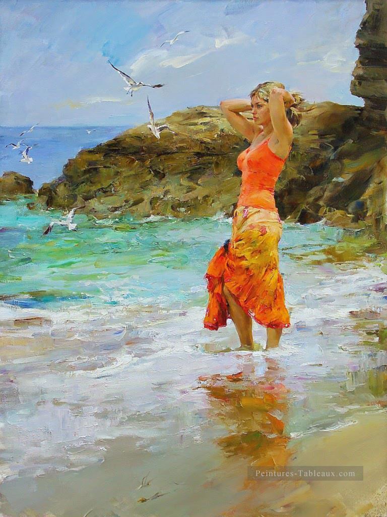 plage Jolie fille goéland MIG 41 Impressionist Peintures à l'huile